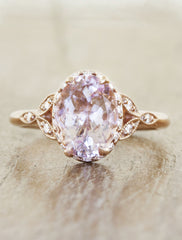 Vintage inspired halo engagement ring;caption:Customized with 1.50ct. Oval Morganite 14k Rose Gold