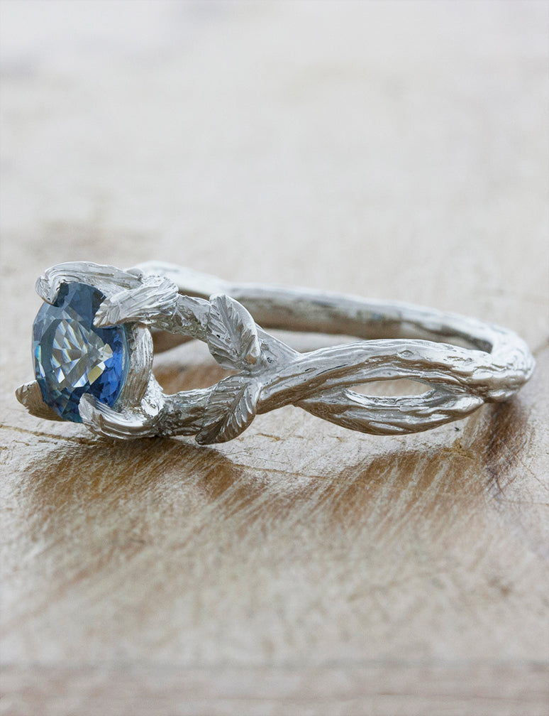 glinda, round sapphire in leafy, branch band - engagement ring, side view