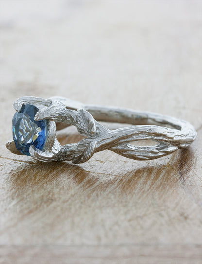 glinda, round sapphire in leafy, branch band - engagement ring, side view