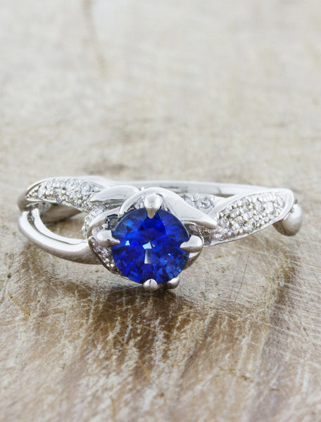unique nature inspired split shank diamond engagement ring;caption:0.75ct. Round Sapphire 14k White Gold