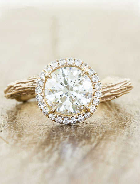 bark texture halo round diamond ring, caption:1.26ct. Round Diamond 14k Rose Gold