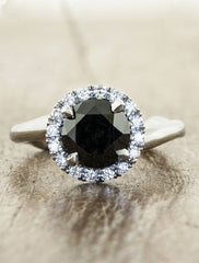 Nature inspired halo engagement ring;caption:1.50ct. Round Black Diamond 14k White Gold
