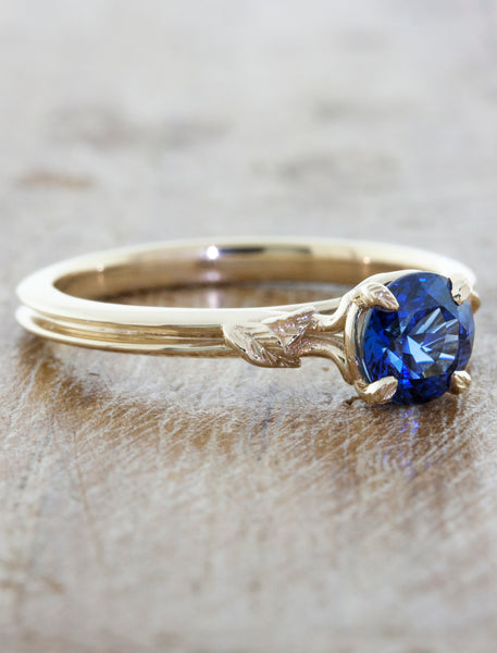 round blue sapphire engagement ring in double band with delicate setting