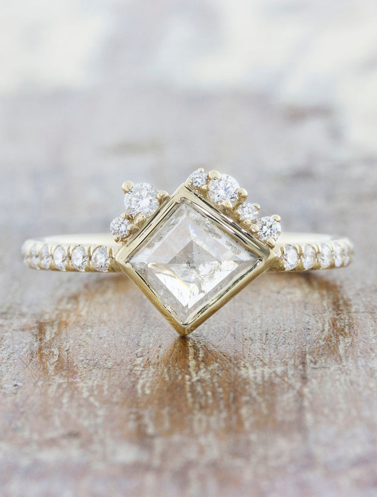 caption:Shown with kite cut diamond in 14k yellow gold