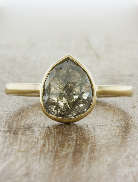 Modern bezel set engagement ring caption:1.68ct. Rough Pear Diamond 14k Yellow Gold