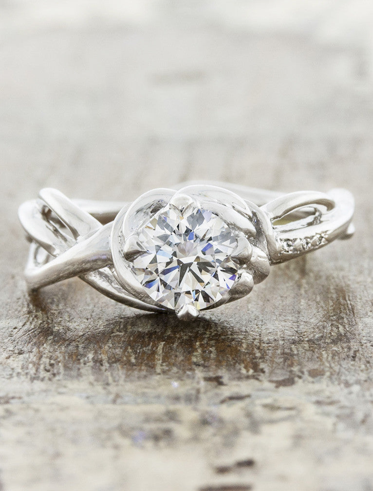 nature inspired diamond engagement ring - Landress. caption:0.90ct. Round Diamond, 14k White Gold 