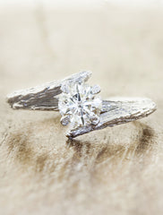 asymmetrical tree bark engagement ring with diamond;caption:0.75ct. Round Diamond Platinum