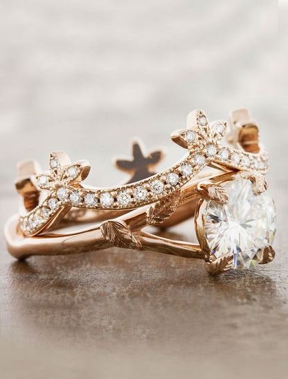 crown wedding band in rose gold with paired diamond solitaire