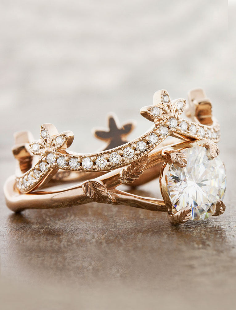 caption:Paired with Pembroke engagement ring in 14k rose gold