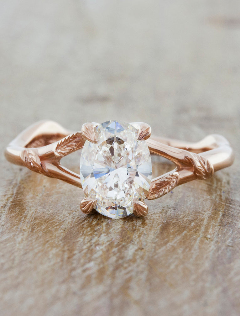 Nature inspired engagement ring- Pembroke caption:1.20ct. Oval Diamond 14k Rose Gold