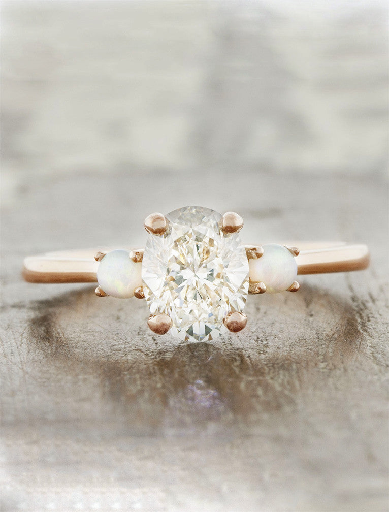 three stone diamond side opals rose gold engagement ring