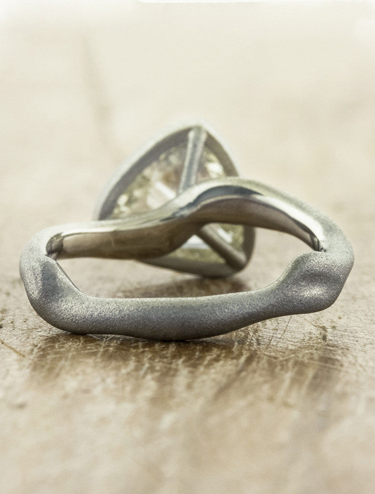 rough trillion diamond, bezel set - brushed platinum engagement ring, organic shaped band