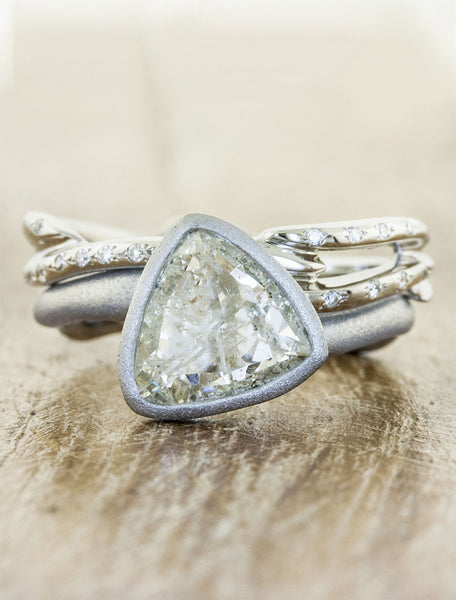 rough trillion diamond, bezel set - brushed platinum engagement ring, organic shaped band, matching ring