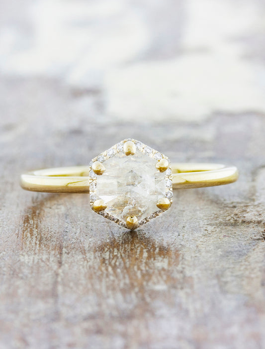 caption:Shown with hexagon rough cut diamond in 14k yellow gold