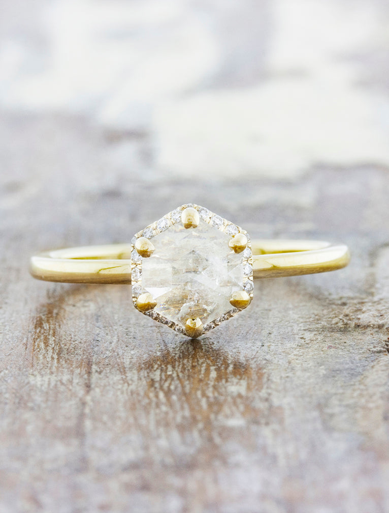 caption:Shown with hexagon rough cut diamond in 14k yellow gold