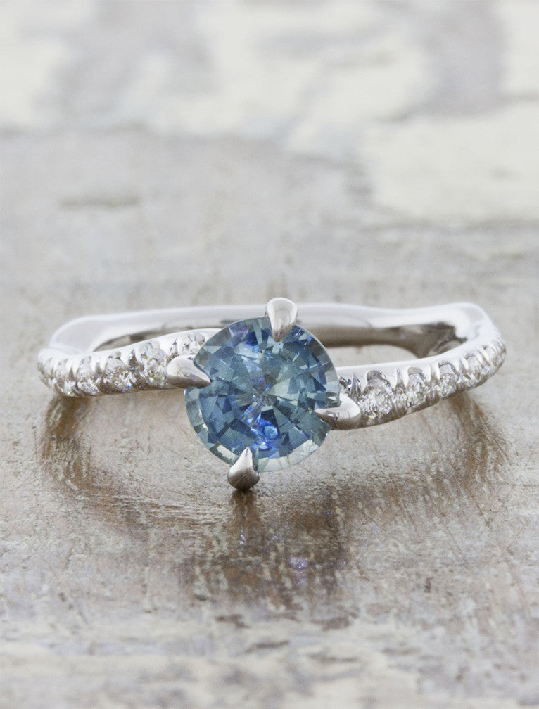 Nature inspired solitaire pave engagement ring;caption:1.30ct. Round Sapphire 18k White Gold
