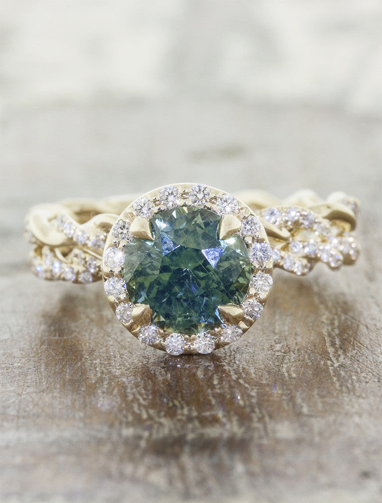 caption:Customized with diamonds in the band, stacked with Lovelace wedding band