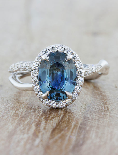 Oval blue sapphire halo nature inspired engagement ring