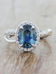 Oval blue sapphire halo nature inspired engagement ring