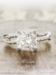 Nature inspired engagement ring leaf prongs. caption:Customized with an 1.75ct. Cushion Cut Diamond 14k White Gold