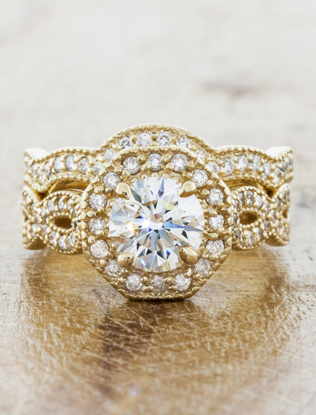 Vintage halo;caption:0.75ct. Round Diamond 14k Yellow Gold Paired with Matching Wedding Band
