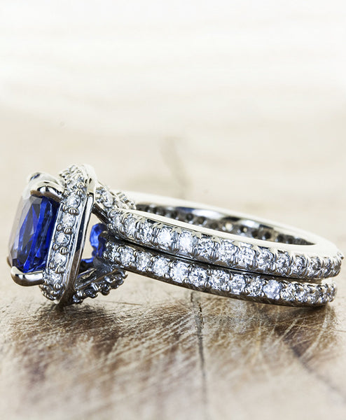 cultured blue sapphire, halo setting in palladium band with matching