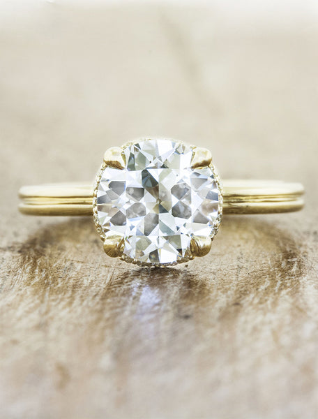 sleek modern gold band, round diamond 4 prong engagement ring;caption:1.75ct. Old European Cut Diamond 14k Yellow Gold