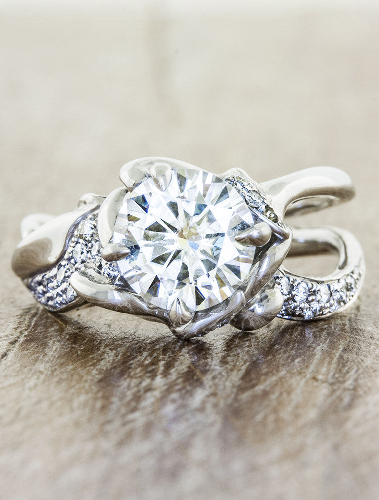 2 ct nature inspired split shank diamond engagement ring, pave set diamond band;caption:2.00ct. Round Diamond Platinum