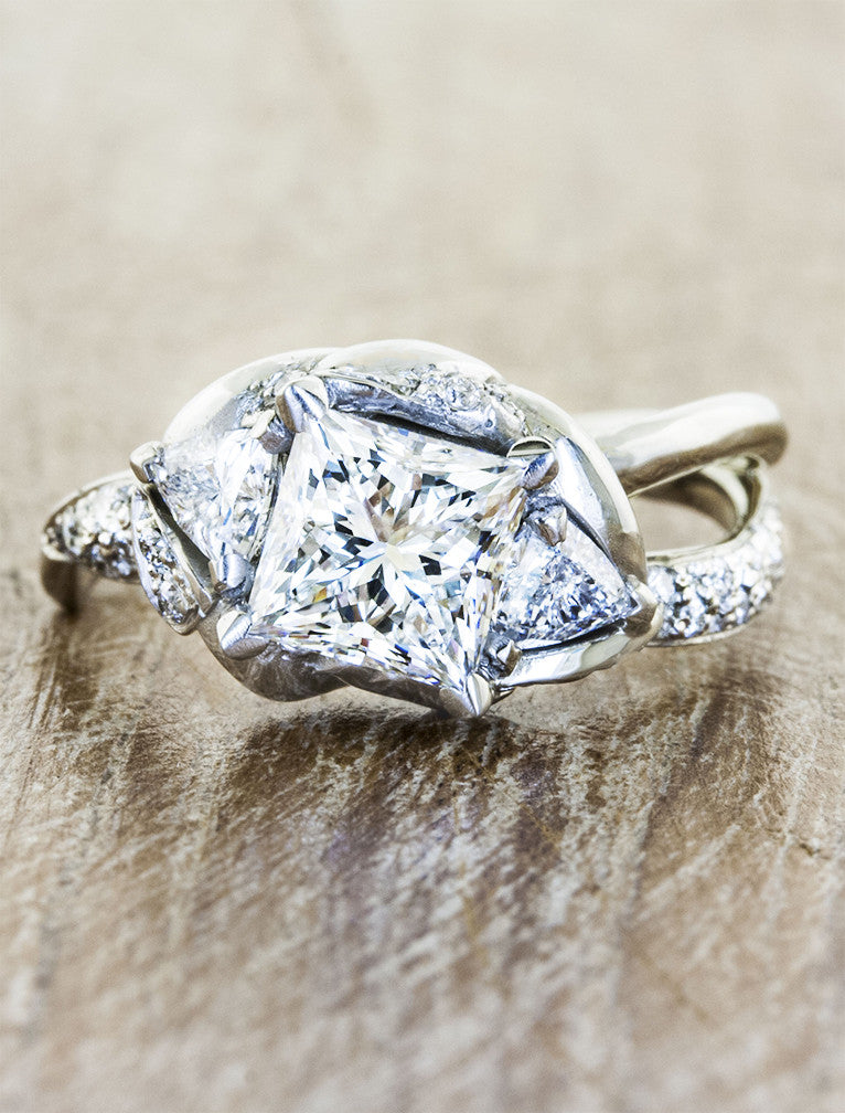 Unique nature inspired engagement ring split shank;caption:1.70ct. Princess Cut Diamond Platinum