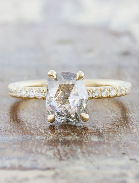 caption:Shown with rough cut diamond in 14k yellow gold