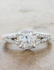 Vintage Inspired Split Band Hand Engraved Engagement Ring. caption:Set with 1.35ct Old European cut diamond