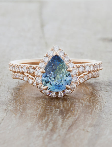 Rare Peacock Blue Sapphire Diamond Ring Rose Gold Pear Halo Pave Ring | La  More Design