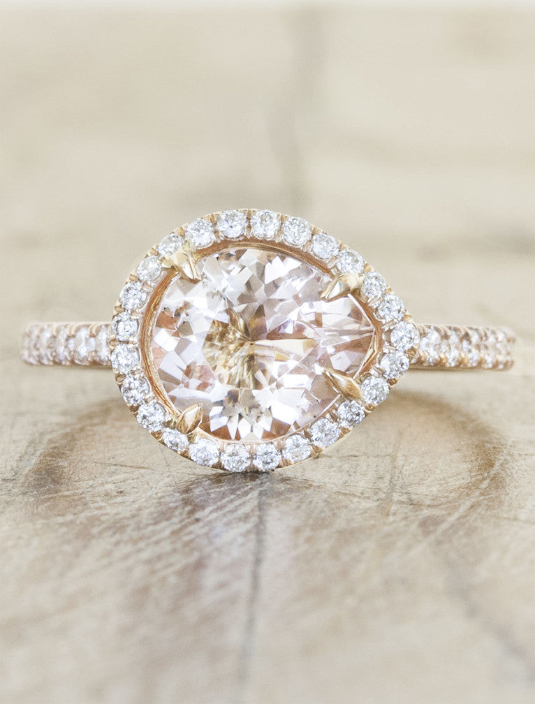 halo pear shaped morganite ring, diamond filled band