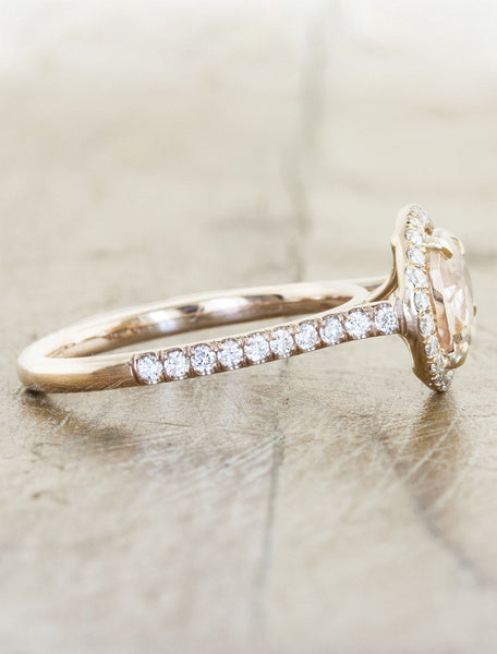 halo pear shaped morganite ring, diamond filled band