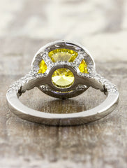 halo yellow diamond engagement ring, diamond accented band