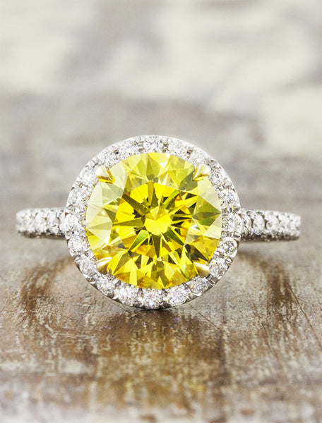 halo yellow diamond engagement ring, melini