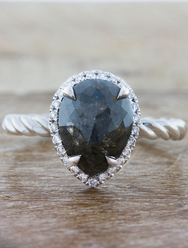 pear shaped rough diamond halo engagement ring