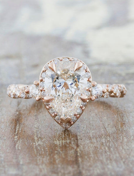 Unique pear shaped diamond rose gold engagement ring caption:1.35ct Pear Diamond 14k Rose Gold