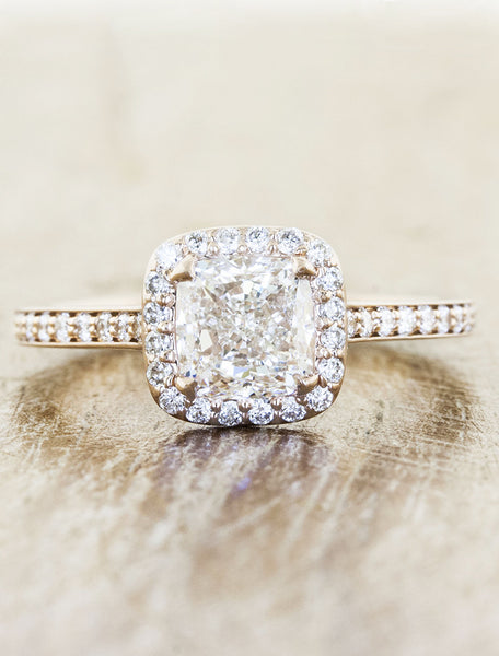 caption:Shown with an 1.20ct cushion diamond, in 14k rose gold