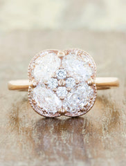 Vintage inspired multi stone engagement ring;caption:Pictured in 14k Rose Gold