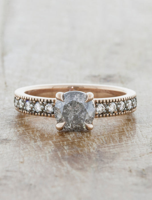 caption:Shown with 0.95ct roung grey diamond in 14k rose gold with black rhodium plating