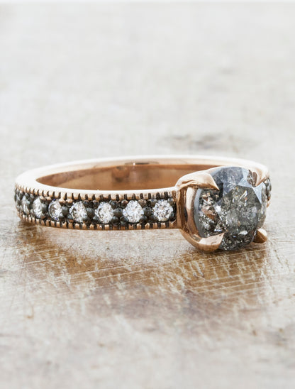 Antique-Inspired Grey Rough Diamond Ring caption: 14k Rose Gold .95ct Rough Grey Diamond