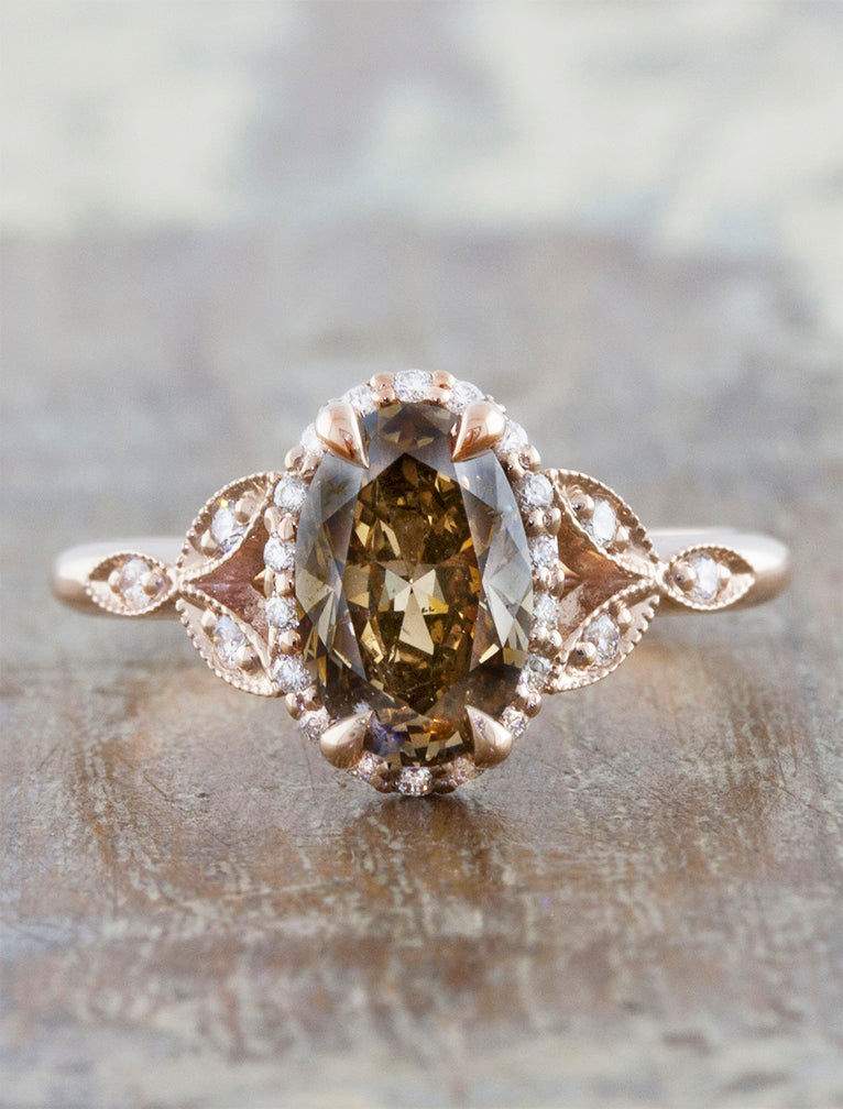 caption:Shown in rose gold with a 1.5ct oval cognac diamond