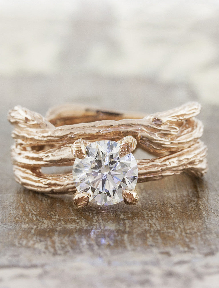 caption:Shown with 1.00ct round diamond in 14k rose gold paired with Willow wedding band