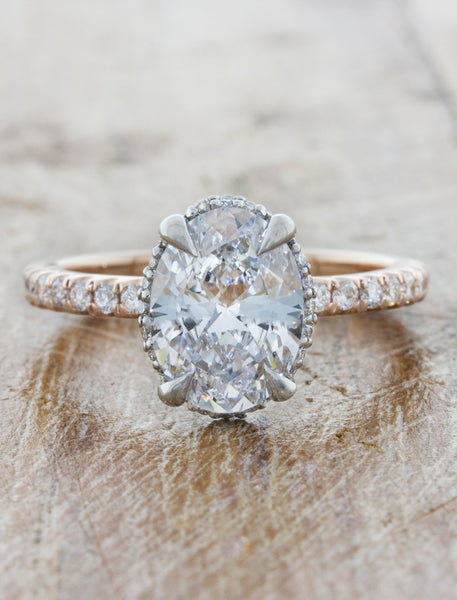 Unique engagement ring hidden halo. caption:1.60ct. Oval Diamond 14k Rose gold band with Platinum basket