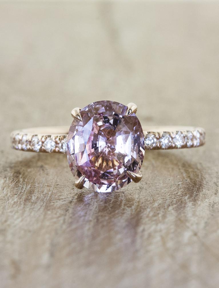 Jessie: Oval Peach Sapphire Engagement Ring, Pavé Band Ken