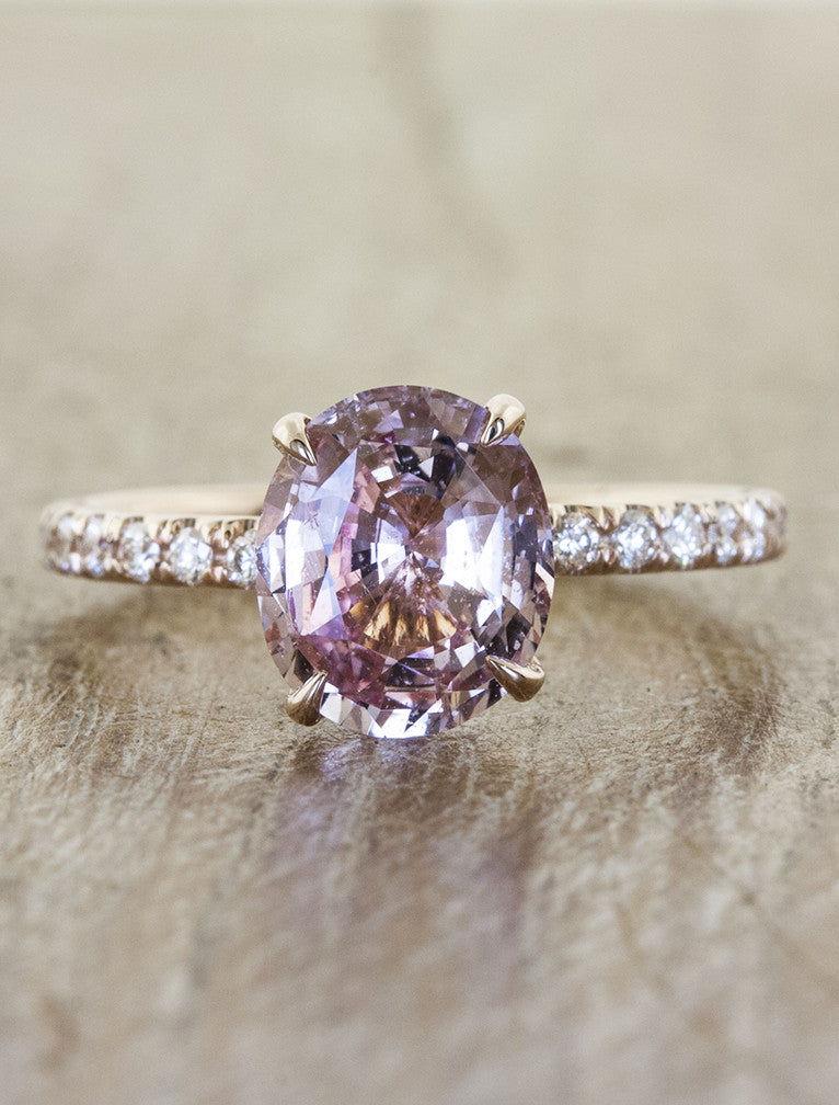 pink sapphire engagement ring with rose gold pave band;caption:1.50ct.  Oval Sapphire 14k Rose Gold
