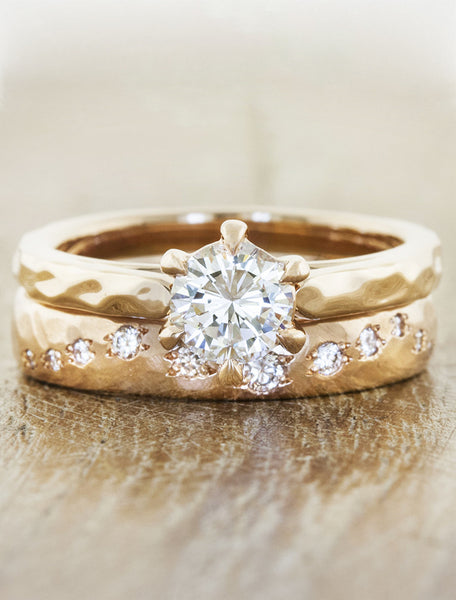Unique engagement ring with textured band;caption:0.70ct. Round Diamond 14k Rose Gold paired with Lili wedding band