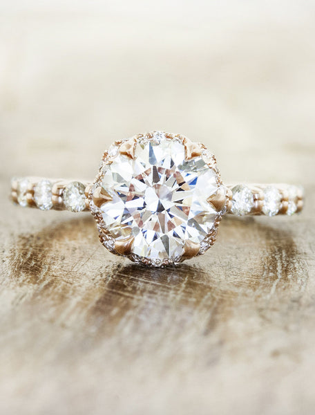 Vintage inspired engagement ring, caption:1.40ct. Round Diamond 14k Rose Gold