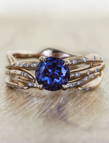 sculptural split shank round sapphire engagement ring, diamond accents rose gold band